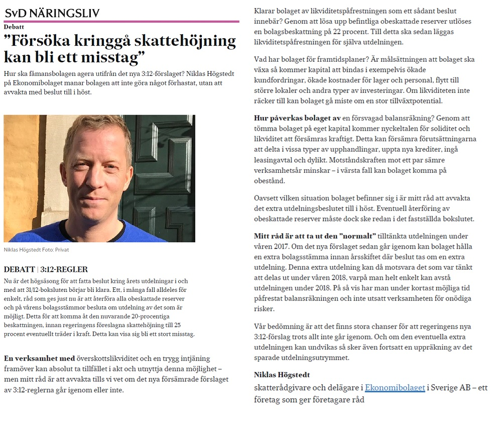 Ekonomibolaget i debattinlägg om nya 3:12-regler